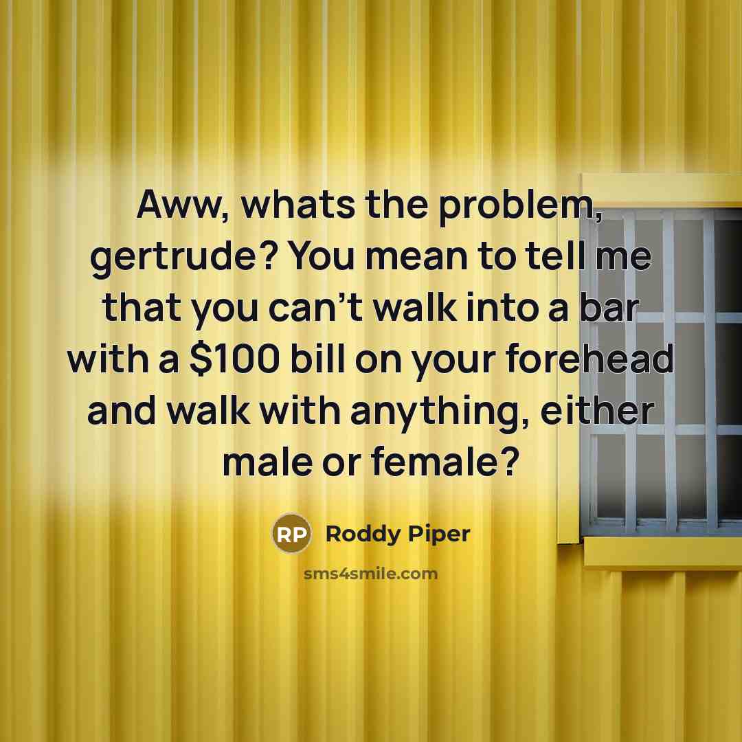 “Aww, whats the problem, gertrude? You mean to tell me that you can't walk into a bar with a $100 bill on your forehead and walk with anything, either male or female?” quote by Roddy Piper
