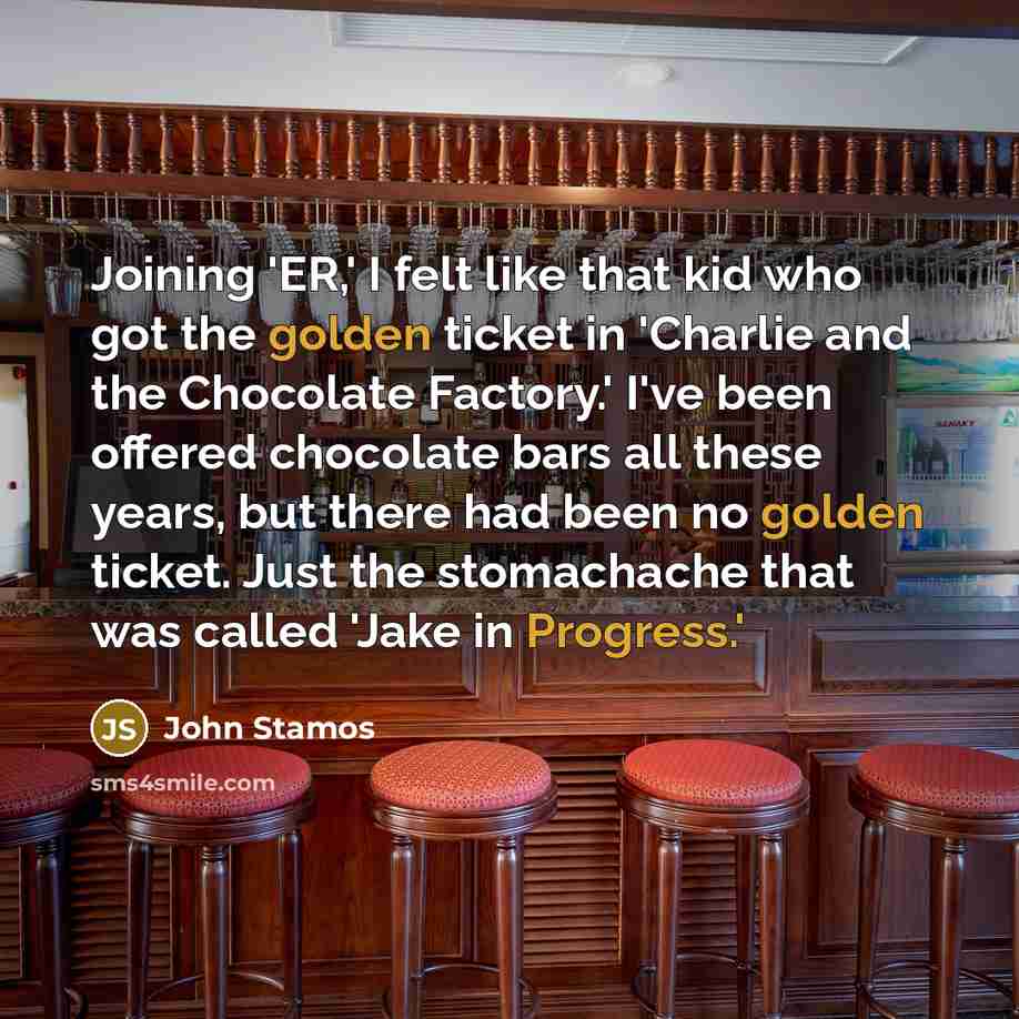 “Joining 'ER,' I felt like that kid who got the golden ticket in 'Charlie and the Chocolate Factory.' I've been offered chocolate bars all these years, but there had been no golden ticket. Just the stomachache that was called 'Jake in Progress.'” quote by John Stamos