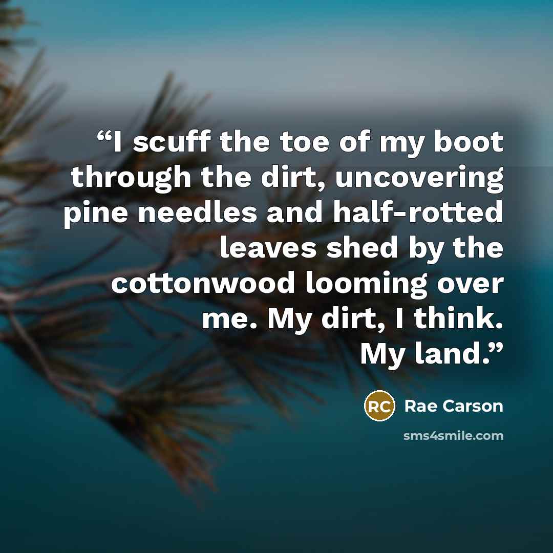 “I scuff the toe of my boot through the dirt, uncovering pine needles and half-rotted leaves shed by the cottonwood looming over me. My dirt, I think. My land.” quote by Rae Carson