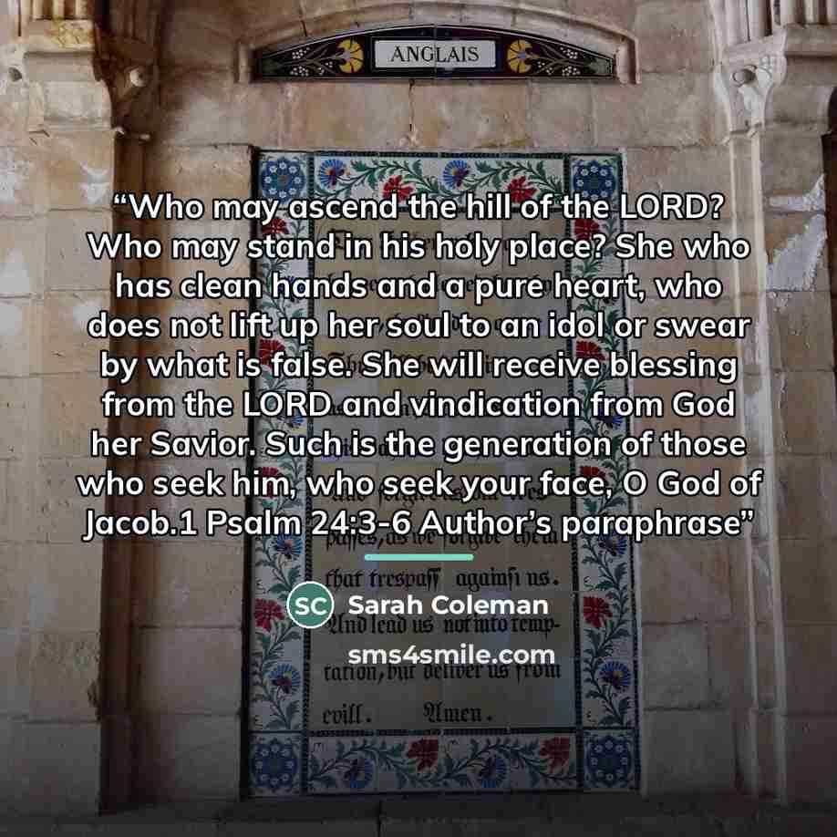 “Who may ascend the hill of the LORD? Who may stand in his holy place? She who has clean hands and a pure heart, who does not lift up her soul to an idol or swear by what is false. She will receive blessing from the LORD and vindication from God her Savior. Such is the generation of those who seek…” quote by Sarah Coleman