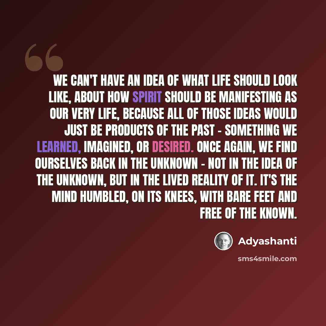 “We can't have an idea of what life should look like, about how spirit should be manifesting as our very life, because all of those ideas would just be products of the past - something we learned, imagined, or desired. Once again, we find ourselves back in the unknown - not in the idea of the…” quote by Adyashanti