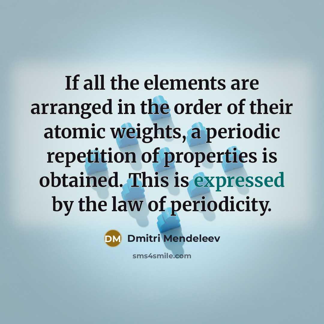 “If all the elements are arranged in the order of their atomic weights, a periodic repetition of properties is obtained. This is expressed by the law of periodicity.” quote by Dmitri Mendeleev