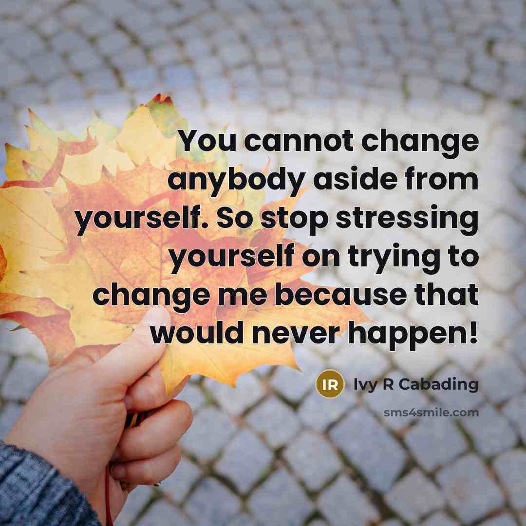 “You cannot change anybody aside from yourself. So stop stressing yourself on trying to change me because that would never happen!” quote by Ivy R Cabading