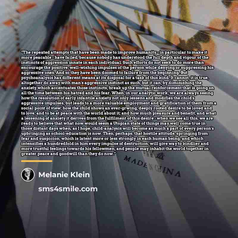 “The repeated attempts that have been made to improve humanity - in particular to make it more peacable - have failed, because nobody has understood the full depth and vigour of the instincts of aggression innate in each individual. Such efforts do not seek to do more than encourage the positive…” quote by Melanie Klein