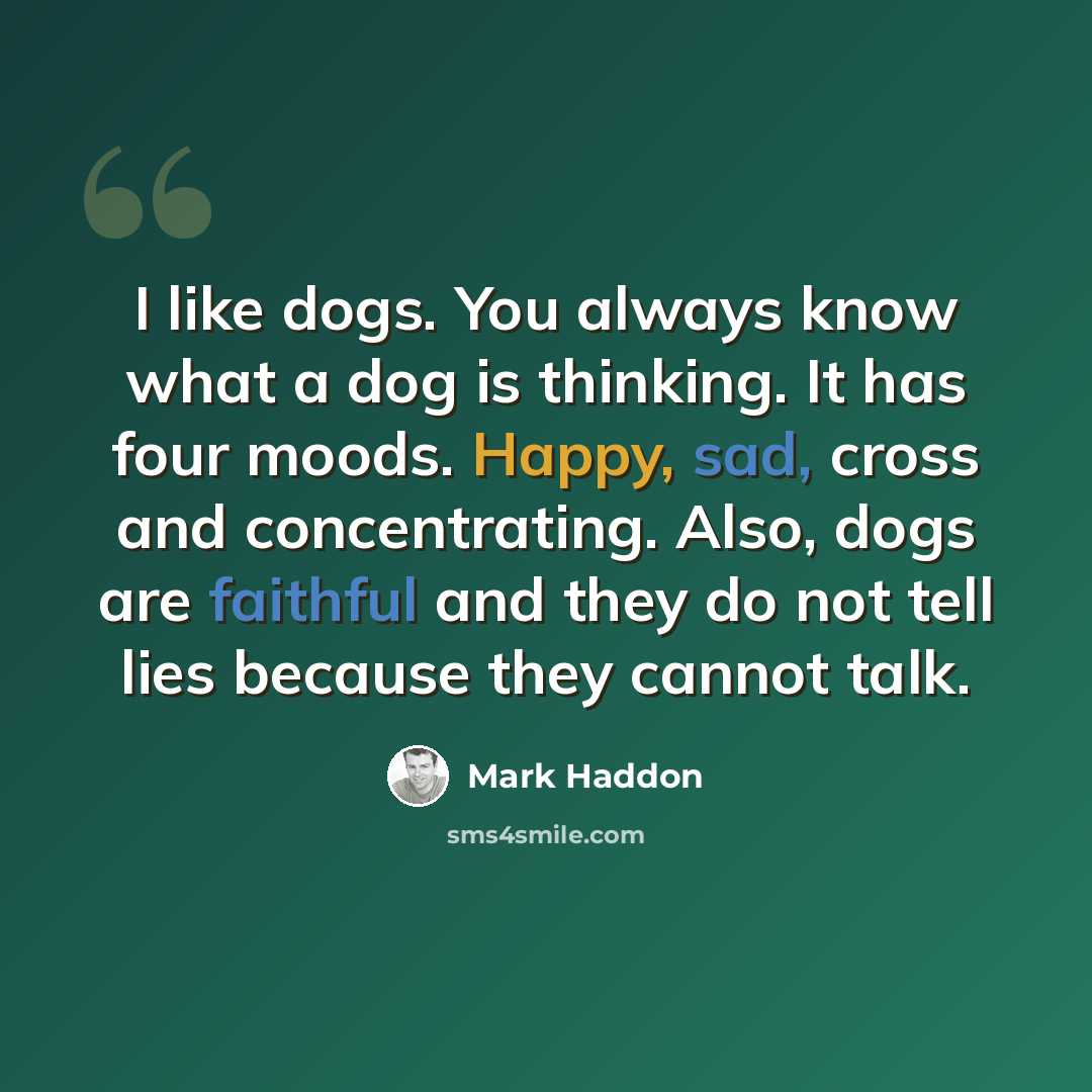 “I like dogs. You always know what a dog is thinking. It has four moods. Happy, sad, cross and concentrating. Also, dogs are faithful and they do not tell lies because they cannot talk.” quote by Mark Haddon