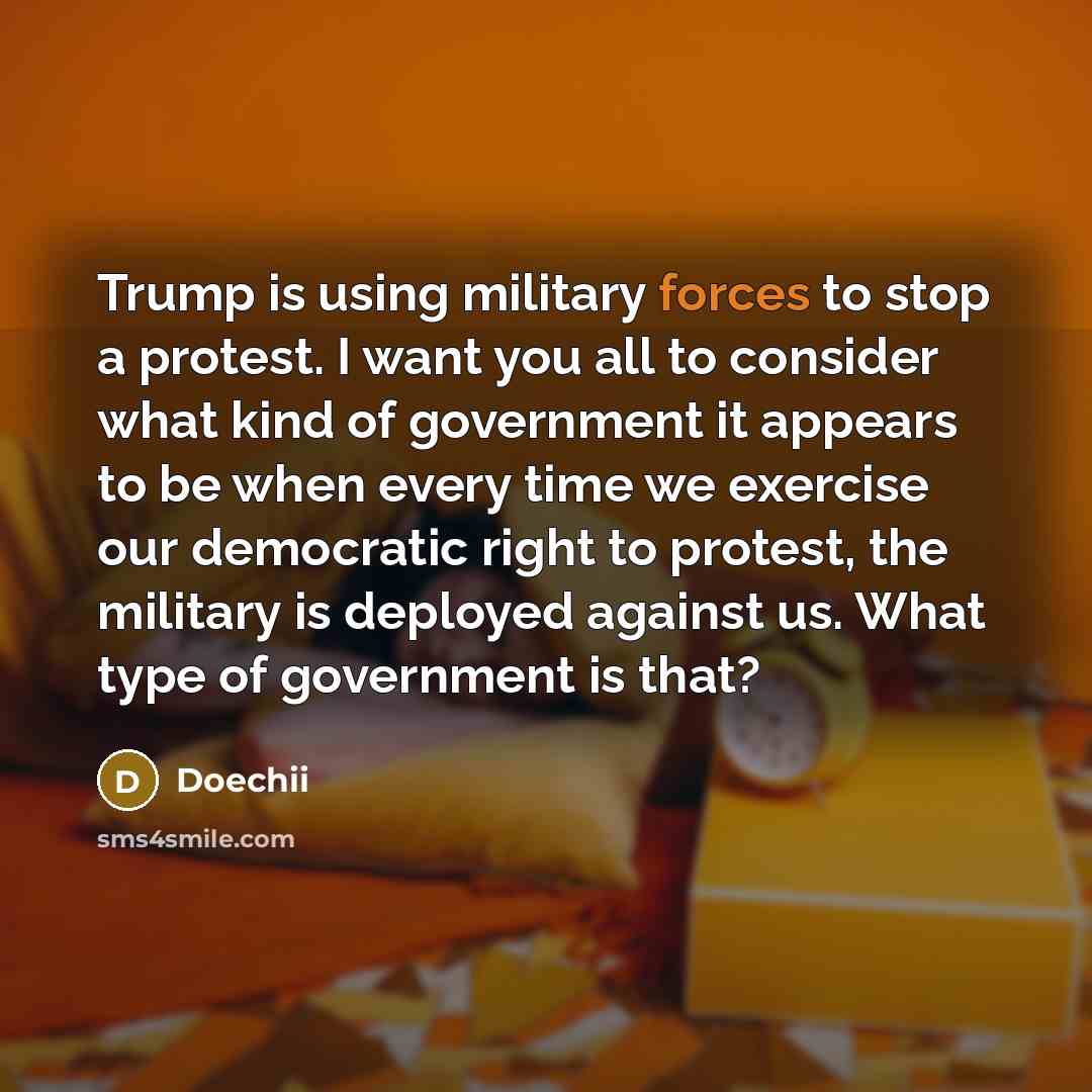 “Trump is using military forces to stop a protest. I want you all to consider what kind of government it appears to be when every time we exercise our democratic right to protest, the military is deployed against us. What type of government is that?” quote by Doechii