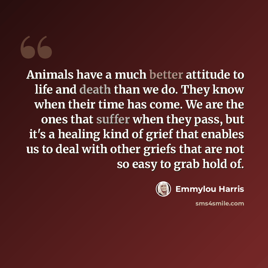 “Animals have a much better attitude to life and death than we do. They know when their time has come. We are the ones that suffer when they pass, but it's a healing kind of grief that enables us to deal with other griefs that are not so easy to grab hold of.” quote by Emmylou Harris