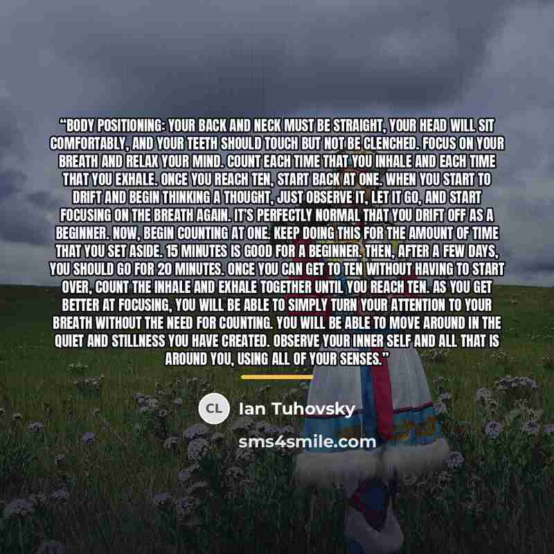 “Body Positioning: Your back and neck must be straight, your head will sit comfortably, and your teeth should touch but not be clenched. Focus on your breath and relax your mind. Count each time that you inhale and each time that you exhale. Once you reach ten, start back at one. When you start to…” quote by Ian Tuhovsky