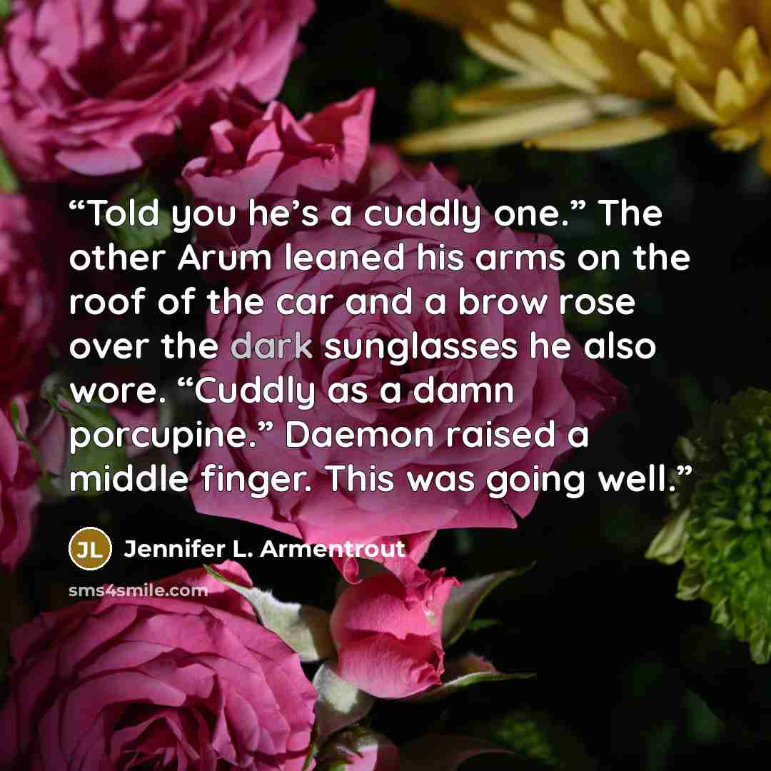 “Told you he’s a cuddly one.” The other Arum leaned his arms on the roof of the car and a brow rose over the dark sunglasses he also wore. “Cuddly as a damn porcupine.” Daemon raised a middle finger. This was going well.” quote by Jennifer L. Armentrout
