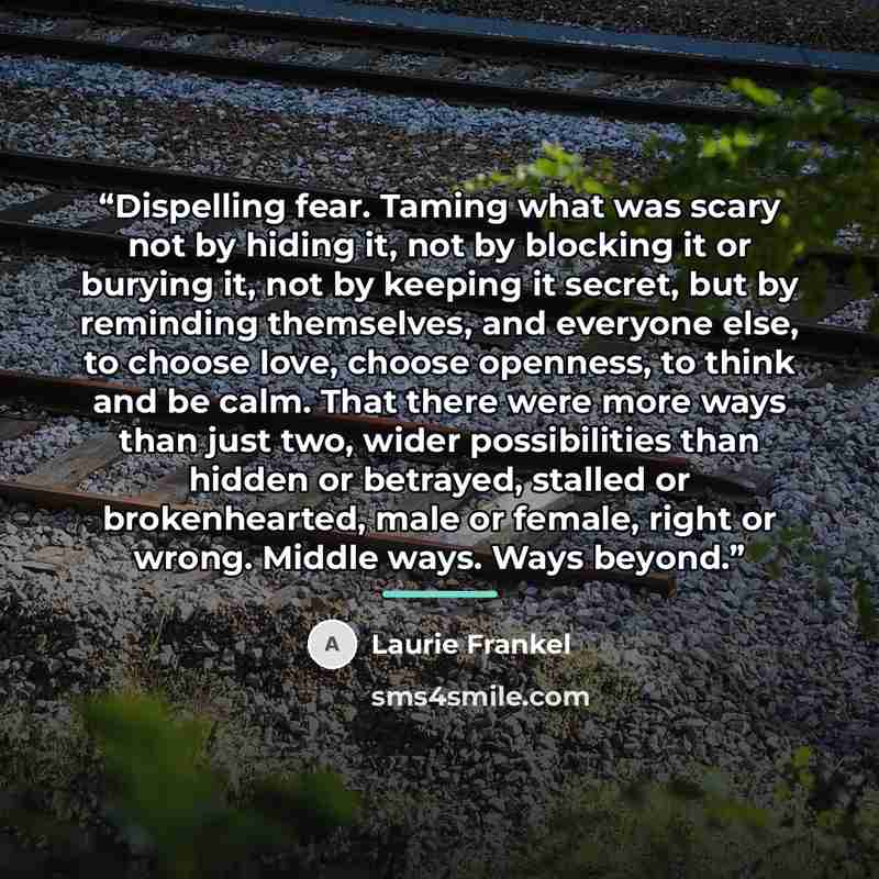 “Dispelling fear. Taming what was scary not by hiding it, not by blocking it or burying it, not by keeping it secret, but by reminding themselves, and everyone else, to choose love, choose openness, to think and be calm. That there were more ways than just two, wider possibilities than hidden or…” quote by Laurie Frankel