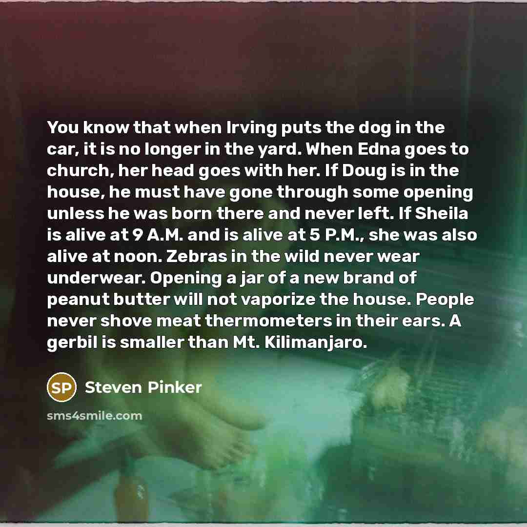“You know that when Irving puts the dog in the car, it is no longer in the yard. When Edna goes to church, her head goes with her. If Doug is in the house, he must have gone through some opening unless he was born there and never left. If Sheila is alive at 9 A.M. and is alive at 5 P.M., she was…” quote by Steven Pinker