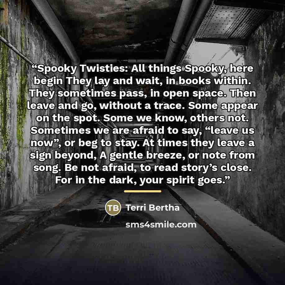 “Spooky Twisties: All things Spooky, here begin They lay and wait, in books within. They sometimes pass, in open space. Then leave and go, without a trace. Some appear on the spot. Some we know, others not. Sometimes we are afraid to say, “leave us now”, or beg to stay. At times they leave a sign…” quote by Terri Bertha