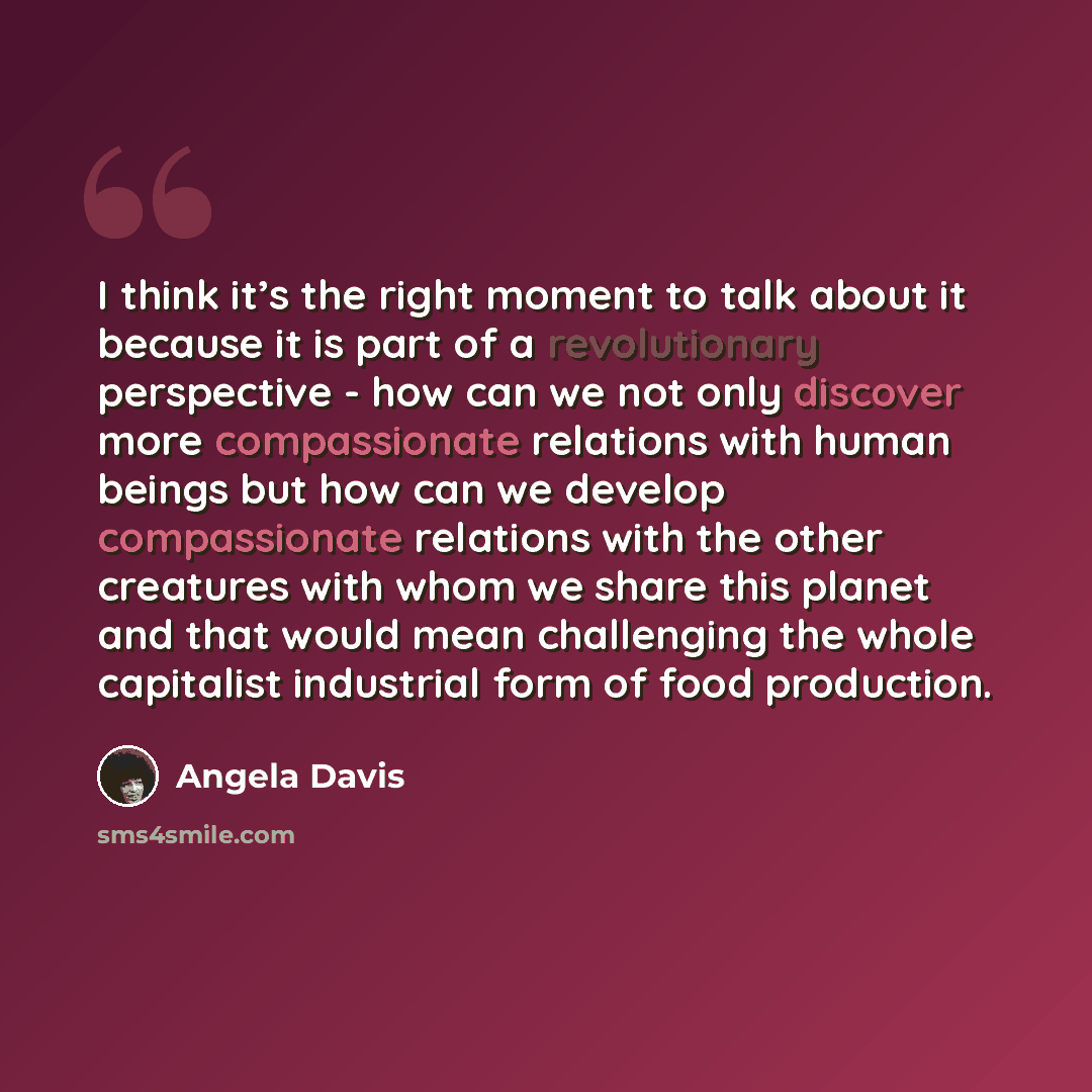 “I think it’s the right moment to talk about it because it is part of a revolutionary perspective - how can we not only discover more compassionate relations with human beings but how can we develop compassionate relations with the other creatures with whom we share this planet and that would mean…” quote by Angela Davis
