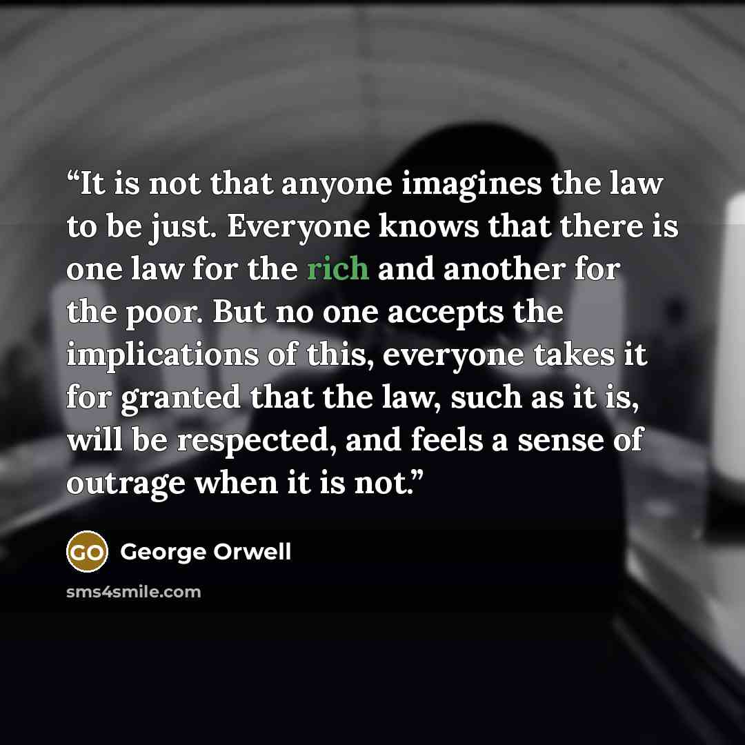 “It is not that anyone imagines the law to be just. Everyone knows that there is one law for the rich and another for the poor. But no one accepts the implications of this, everyone takes it for granted that the law, such as it is, will be respected, and feels a sense of outrage when it is not.” quote by George Orwell