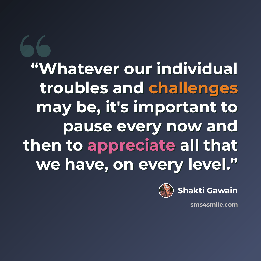 “Whatever our individual troubles and challenges may be, it's important to pause every now and then to appreciate all that we have, on every level.” quote by Shakti Gawain