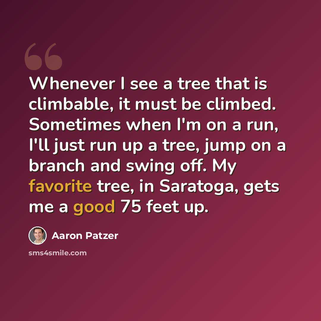 “Whenever I see a tree that is climbable, it must be climbed. Sometimes when I'm on a run, I'll just run up a tree, jump on a branch and swing off. My favorite tree, in Saratoga, gets me a good 75 feet up.” quote by Aaron Patzer