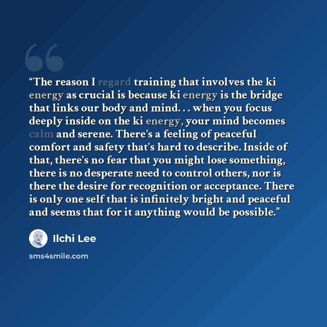 “The reason I regard training that involves the ki energy as crucial is because ki energy is the bridge that links our body and mind. . . when you focus deeply inside on the ki energy, your mind becomes calm and serene. There's a feeling of peaceful comfort and safety that's hard to describe…” quote by Ilchi Lee