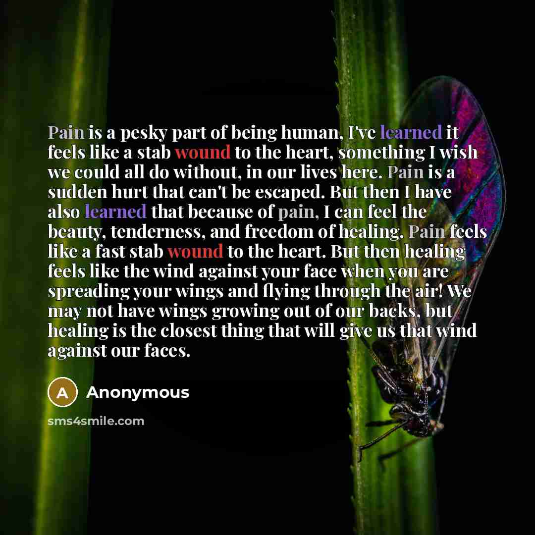 “Pain is a pesky part of being human, I've learned it feels like a stab wound to the heart, something I wish we could all do without, in our lives here. Pain is a sudden hurt that can't be escaped. But then I have also learned that because of pain, I can feel the beauty, tenderness, and freedom of…” quote by Anonymous