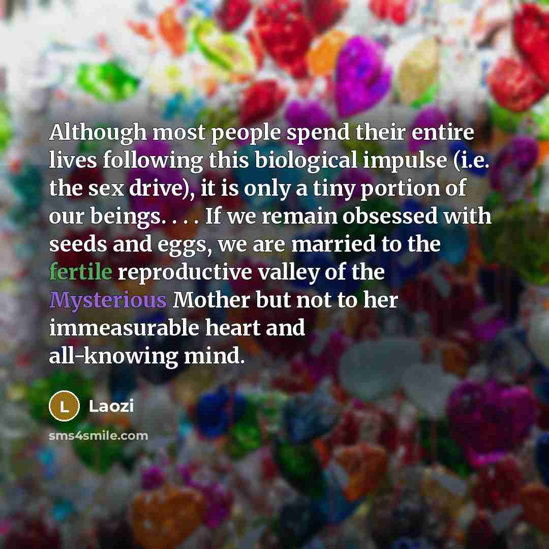 “Although most people spend their entire lives following this biological impulse (i.e. the sex drive), it is only a tiny portion of our beings. . . . If we remain obsessed with seeds and eggs, we are married to the fertile reproductive valley of the Mysterious Mother but not to her immeasurable…” quote by Laozi