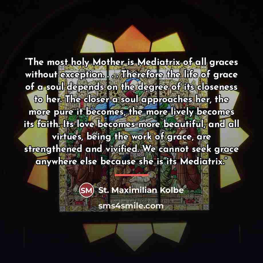 “The most holy Mother is Mediatrix of all graces without exception. . . . Therefore the life of grace of a soul depends on the degree of its closeness to her. The closer a soul approaches her, the more pure it becomes, the more lively becomes its faith. Its love becomes more beautiful, and all…” quote by St. Maximilian Kolbe