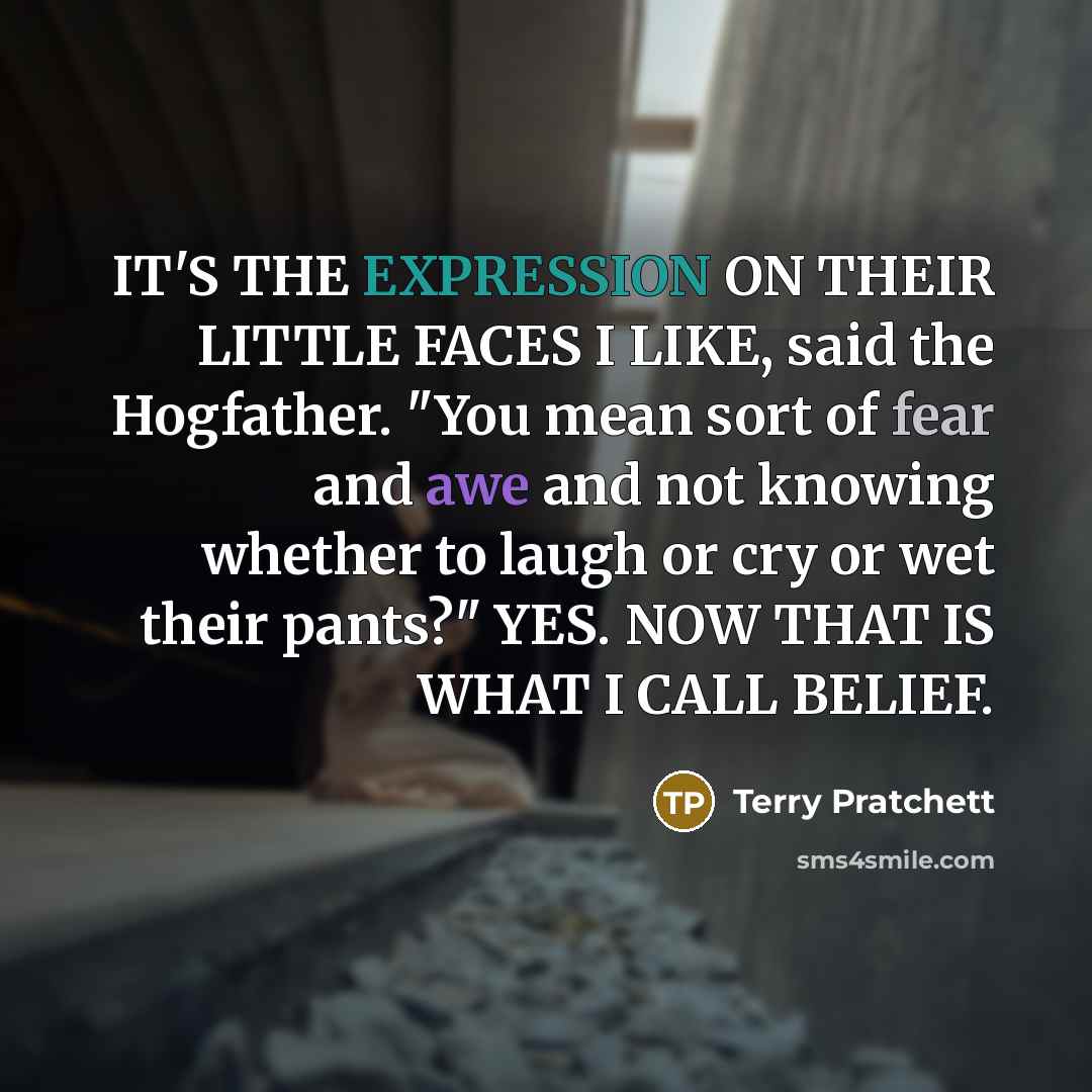 “IT'S THE EXPRESSION ON THEIR LITTLE FACES I LIKE, said the Hogfather. "You mean sort of fear and awe and not knowing whether to laugh or cry or wet their pants?" YES. NOW THAT IS WHAT I CALL BELIEF.” quote by Terry Pratchett