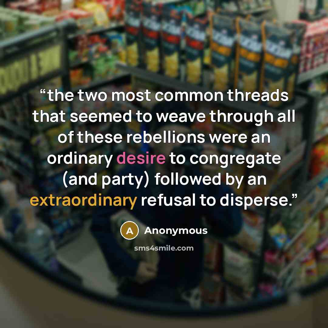 “the two most common threads that seemed to weave through all of these rebellions were an ordinary desire to congregate (and party) followed by an extraordinary refusal to disperse.” quote by Anonymous