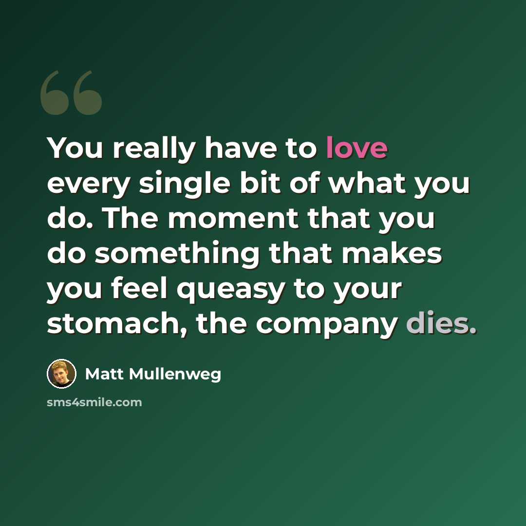 “You really have to love every single bit of what you do. The moment that you do something that makes you feel queasy to your stomach, the company dies.” quote by Matt Mullenweg