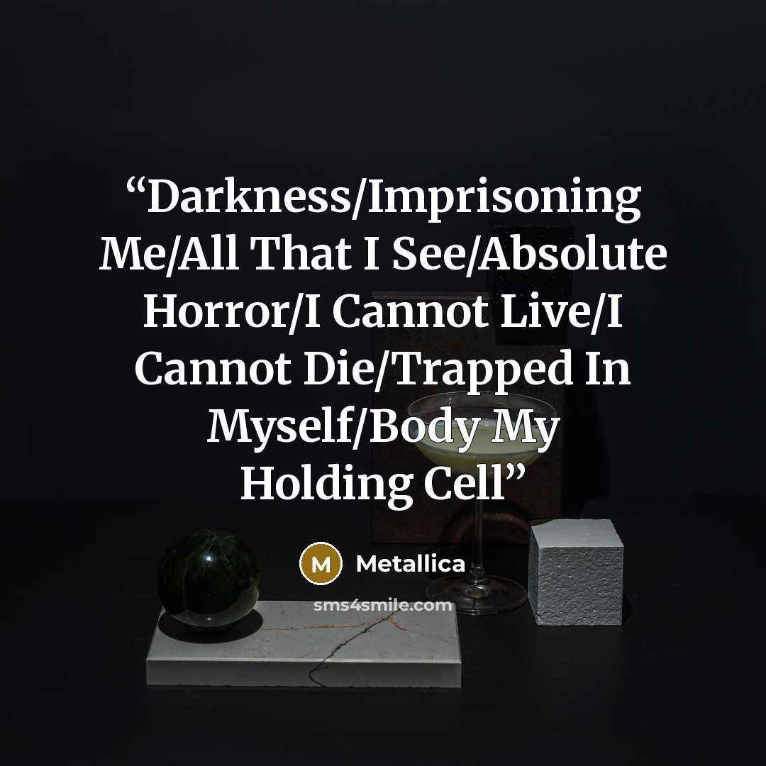 “Darkness/Imprisoning Me/All That I See/Absolute Horror/I Cannot Live/I Cannot Die/Trapped In Myself/Body My Holding Cell” quote by Metallica