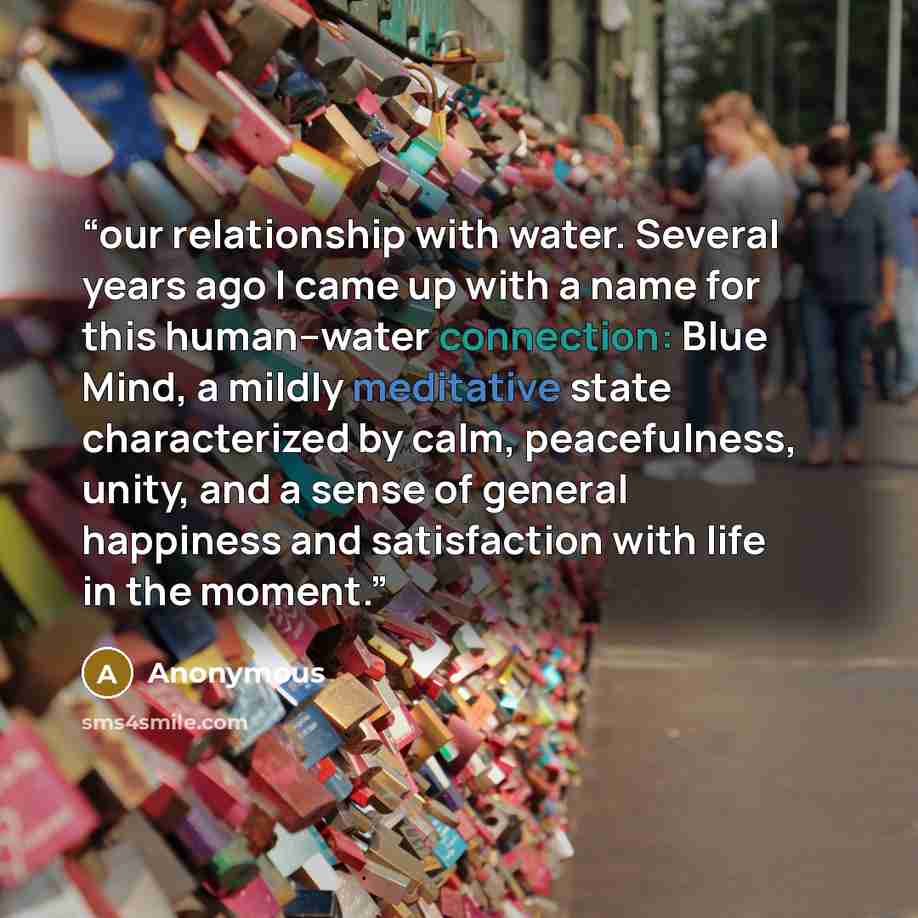 “our relationship with water. Several years ago I came up with a name for this human–water connection: Blue Mind, a mildly meditative state characterized by calm, peacefulness, unity, and a sense of general happiness and satisfaction with life in the moment.” quote by Anonymous