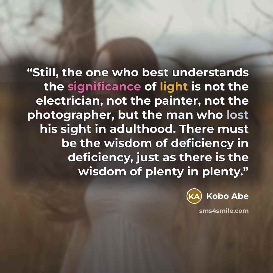 “Still, the one who best understands the significance of light is not the electrician, not the painter, not the photographer, but the man who lost his sight in adulthood. There must be the wisdom of deficiency in deficiency, just as there is the wisdom of plenty in plenty.” quote by Kobo Abe