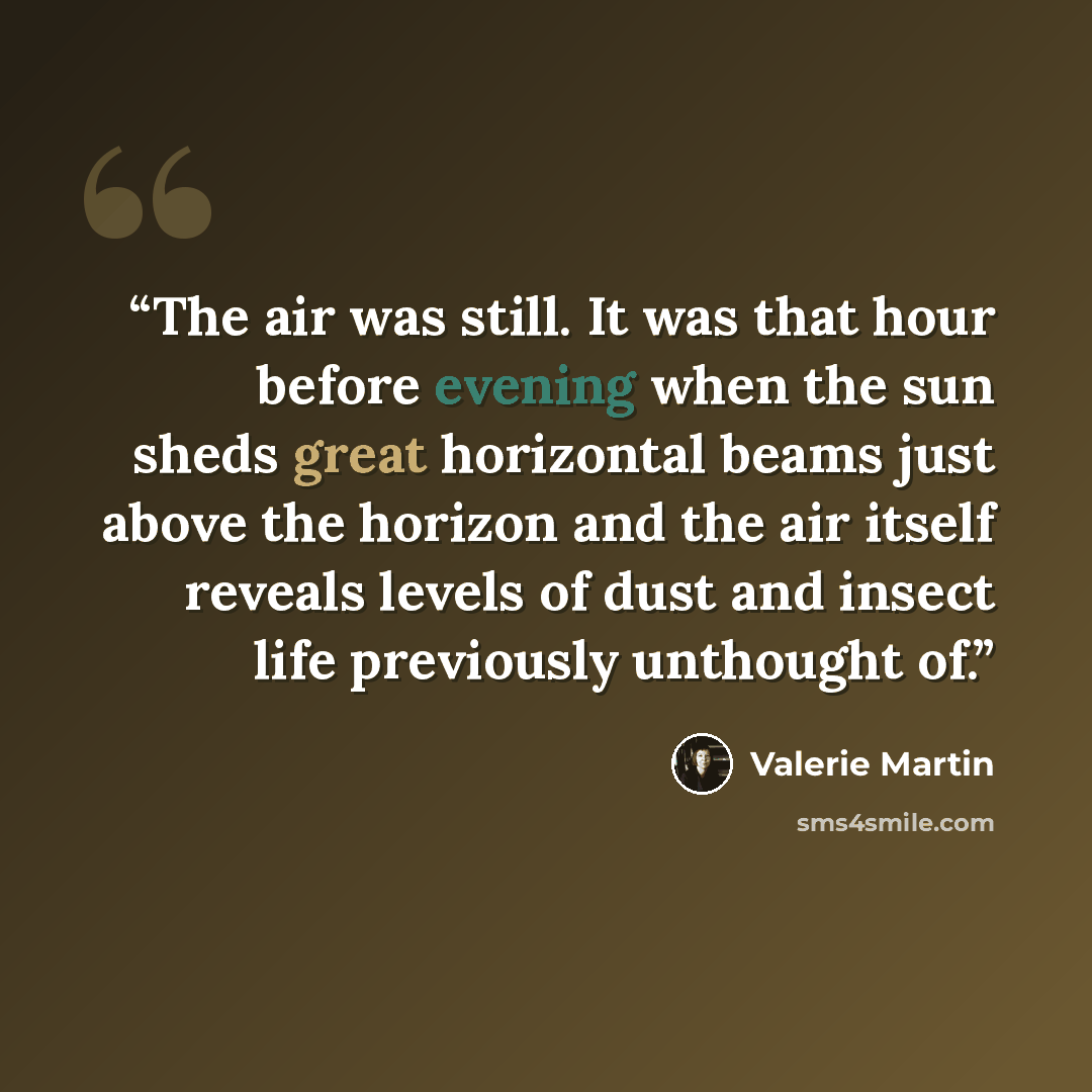 “The air was still. It was that hour before evening when the sun sheds great horizontal beams just above the horizon and the air itself reveals levels of dust and insect life previously unthought of.” quote by Valerie Martin