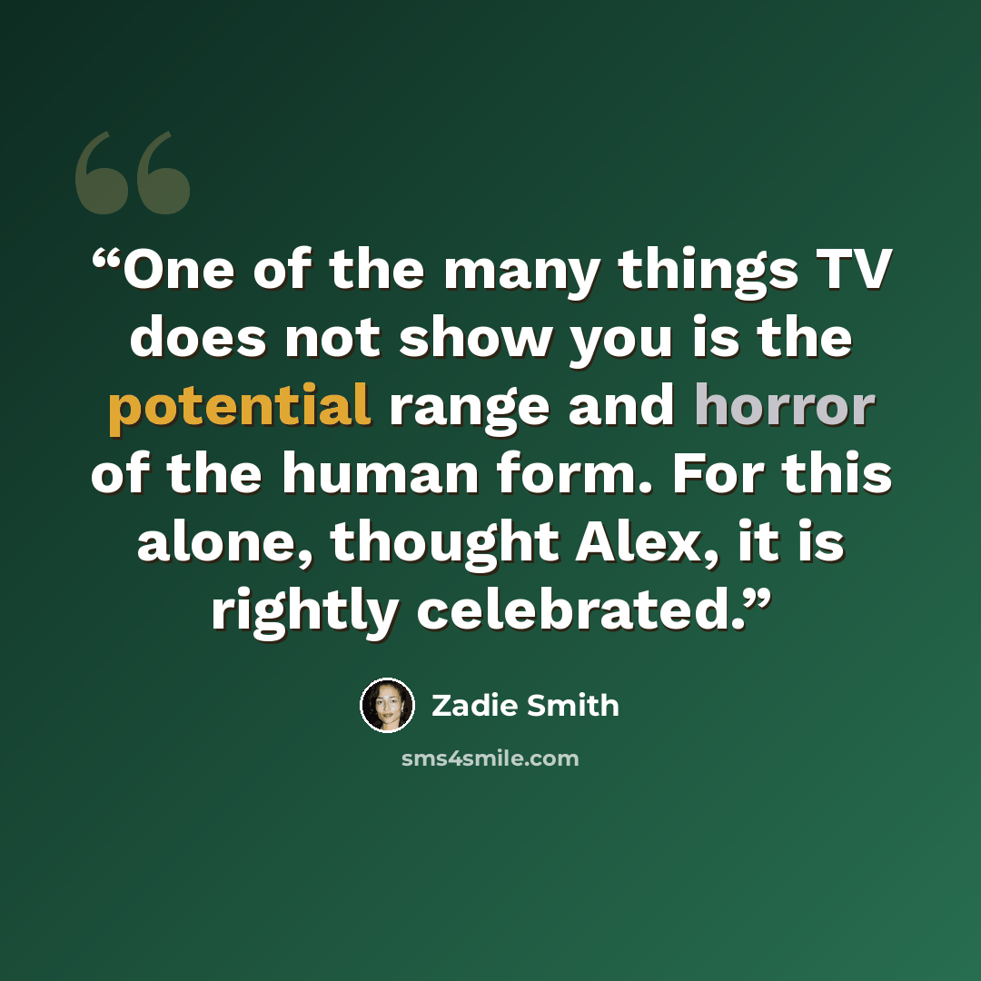 “One of the many things TV does not show you is the potential range and horror of the human form. For this alone, thought Alex, it is rightly celebrated.” quote by Zadie Smith