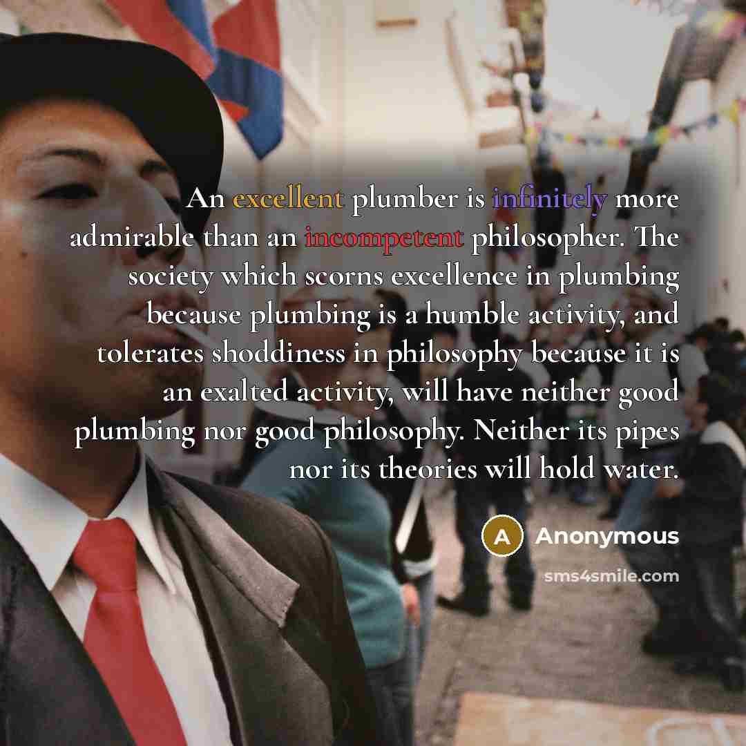 “An excellent plumber is infinitely more admirable than an incompetent philosopher. The society which scorns excellence in plumbing because plumbing is a humble activity, and tolerates shoddiness in philosophy because it is an exalted activity, will have neither good plumbing nor good philosophy…” quote by Anonymous