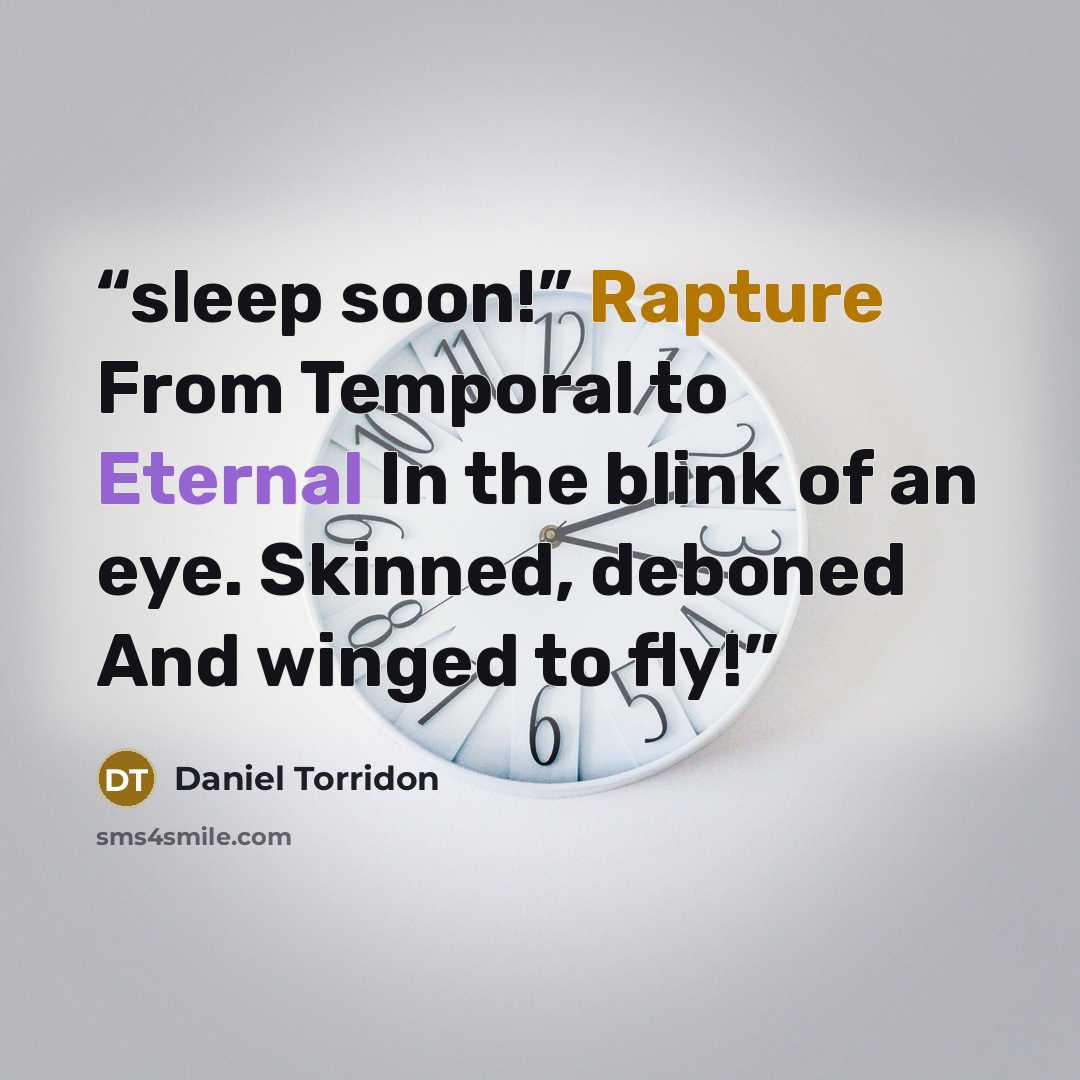 “sleep soon!” Rapture From Temporal to Eternal In the blink of an eye. Skinned, deboned And winged to fly!” quote by Daniel Torridon