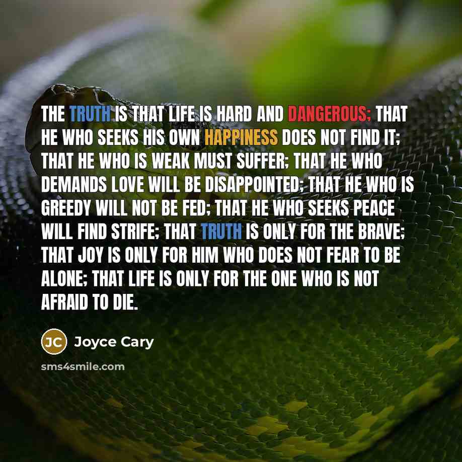 “The truth is that life is hard and dangerous; that he who seeks his own happiness does not find it; that he who is weak must suffer; that he who demands love will be disappointed; that he who is greedy will not be fed; that he who seeks peace will find strife; that truth is only for the brave…” quote by Joyce Cary