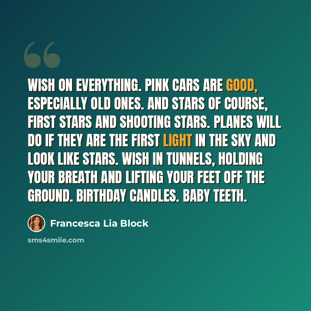 “Wish on everything. Pink cars are good, especially old ones. And stars of course, first stars and shooting stars. Planes will do if they are the first light in the sky and look like stars. Wish in tunnels, holding your breath and lifting your feet off the ground. Birthday candles. Baby teeth.” quote by Francesca Lia Block