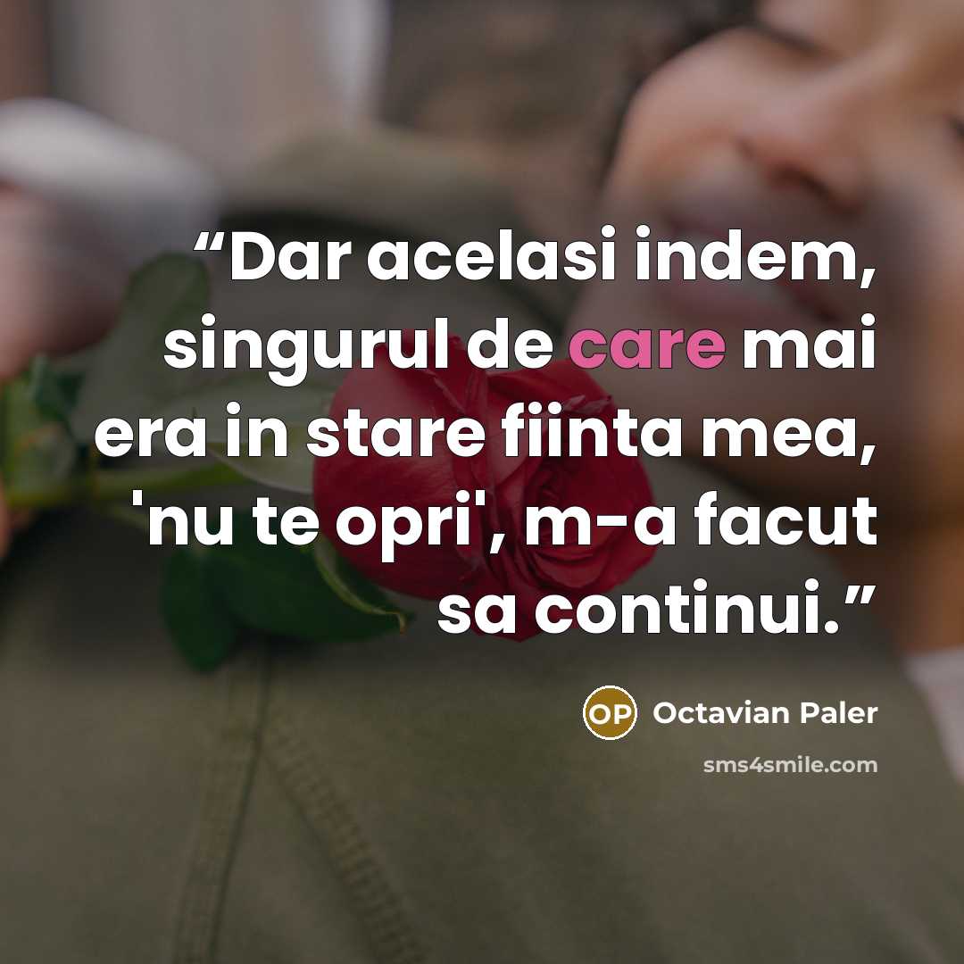 “Dar acelasi indem, singurul de care mai era in stare fiinta mea, 'nu te opri', m-a facut sa continui.” quote by Octavian Paler