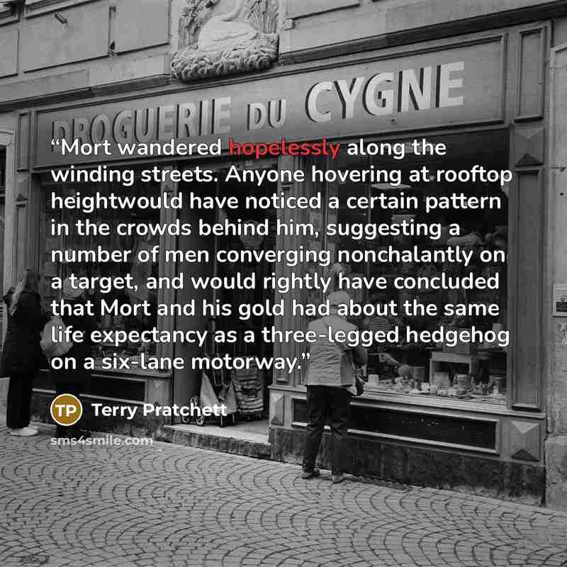 “Mort wandered hopelessly along the winding streets. Anyone hovering at rooftop heightwould have noticed a certain pattern in the crowds behind him, suggesting a number of men converging nonchalantly on a target, and would rightly have concluded that Mort and his gold had about the same life…” quote by Terry Pratchett