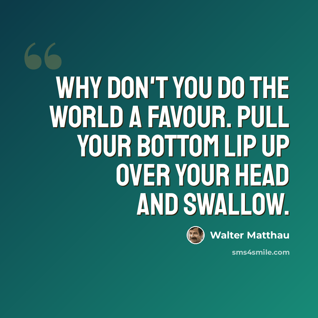 “Why don't you do the world a favour. Pull your bottom lip up over your head and swallow.” quote by Walter Matthau
