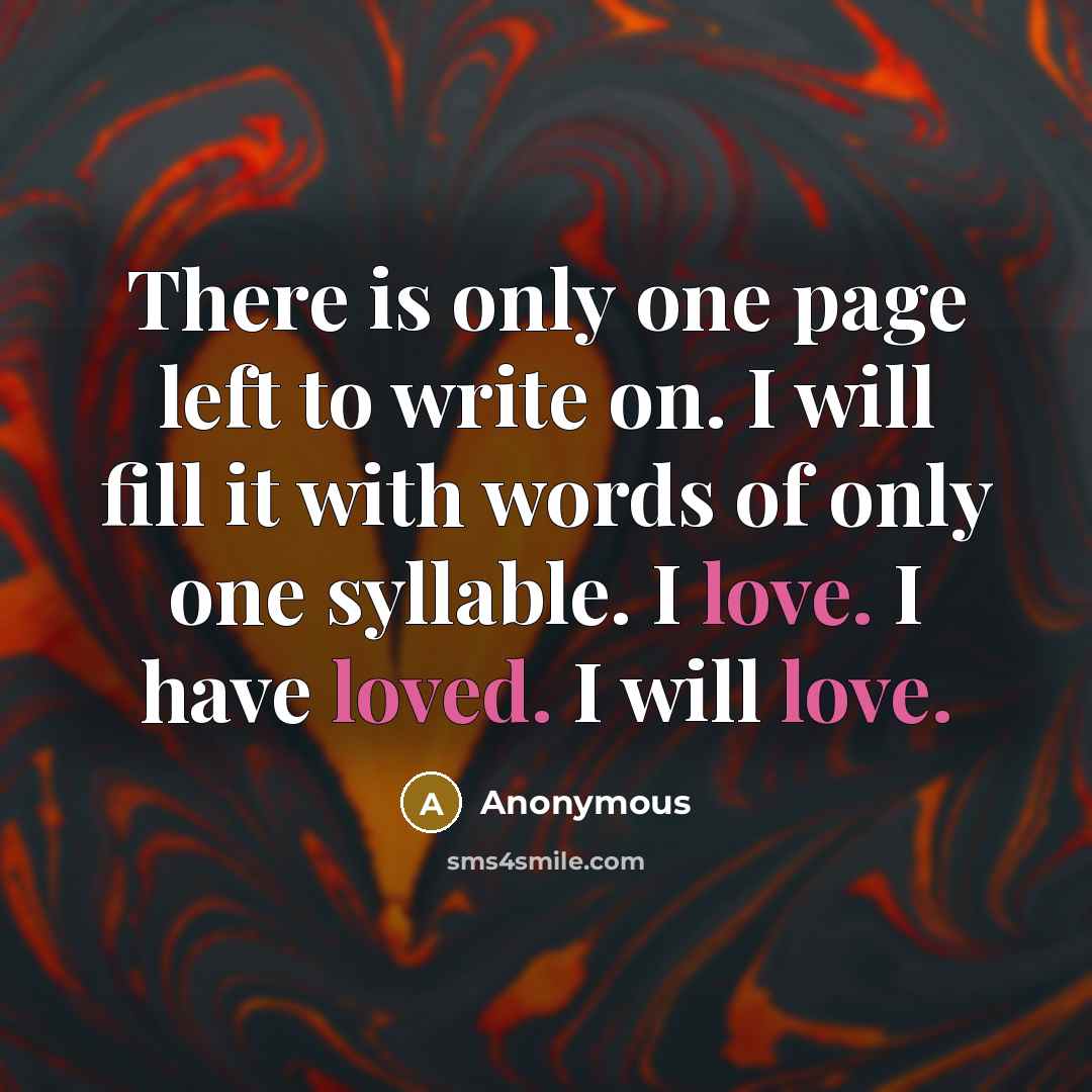 “There is only one page left to write on. I will fill it with words of only one syllable. I love. I have loved. I will love.” quote by Anonymous