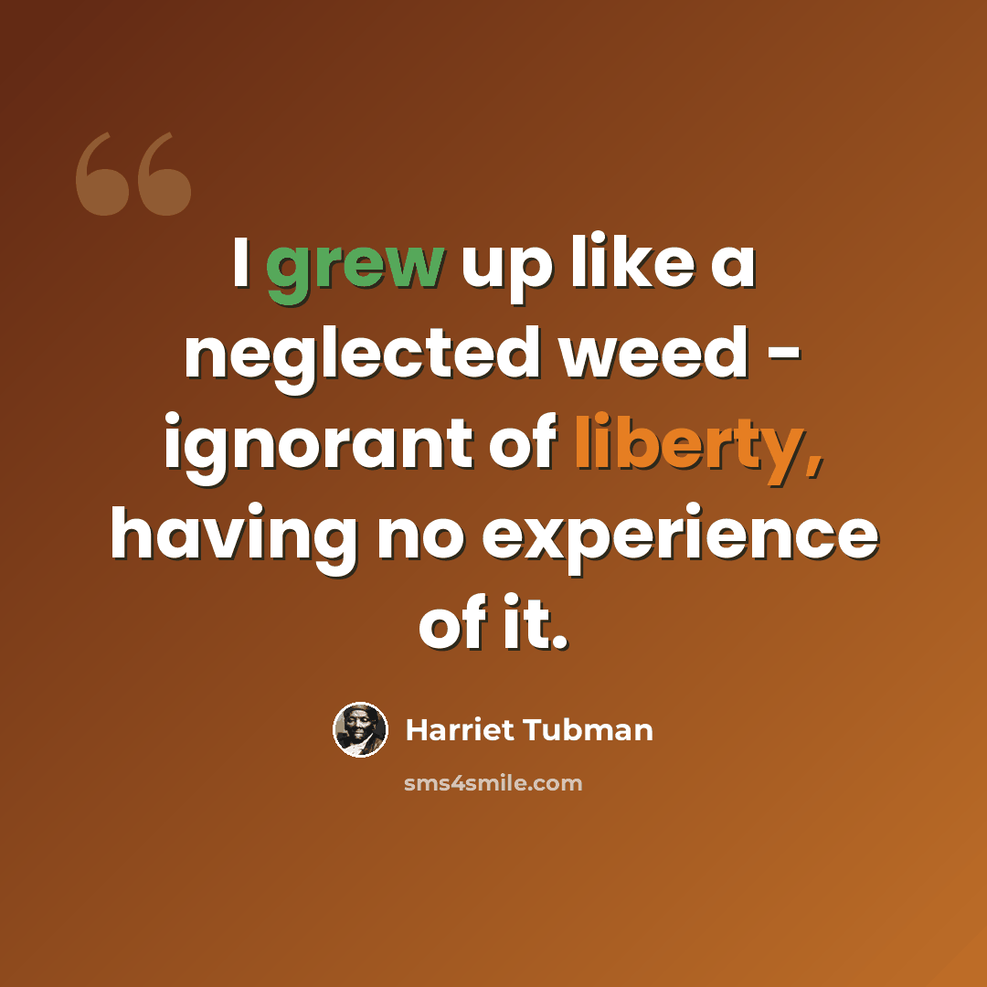 “I grew up like a neglected weed - ignorant of liberty, having no experience of it.” quote by Harriet Tubman