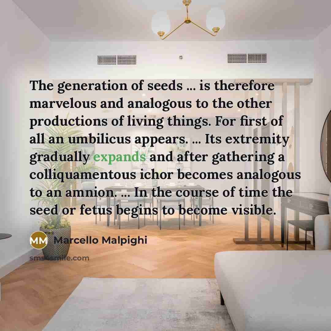 “The generation of seeds ... is therefore marvelous and analogous to the other productions of living things. For first of all an umbilicus appears. ... Its extremity gradually expands and after gathering a colliquamentous ichor becomes analogous to an amnion. ... In the course of time the seed or…” quote by Marcello Malpighi