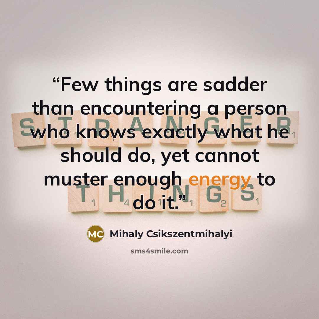 “Few things are sadder than encountering a person who knows exactly what he should do, yet cannot muster enough energy to do it.” quote by Mihaly Csikszentmihalyi