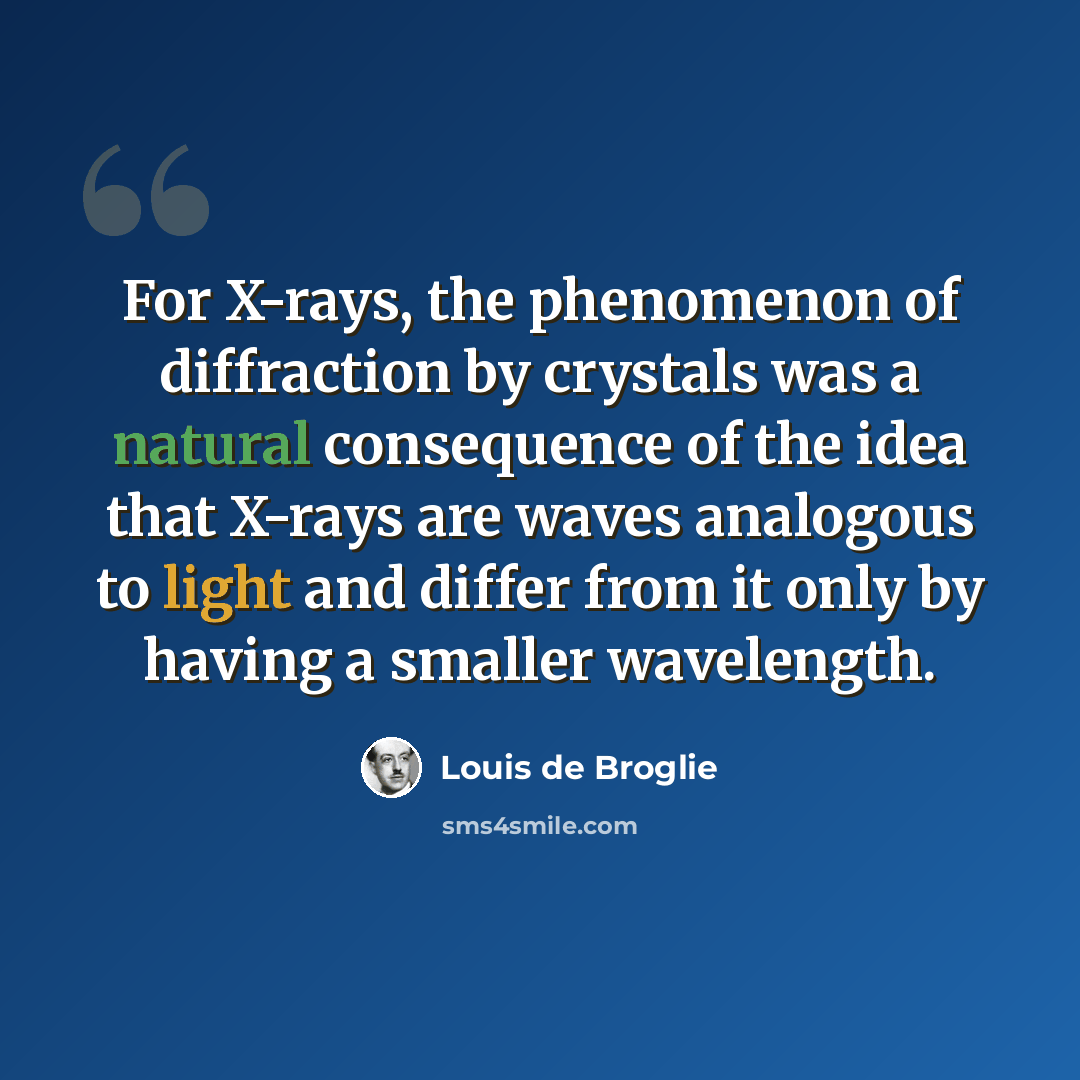 “For X-rays, the phenomenon of diffraction by crystals was a natural consequence of the idea that X-rays are waves analogous to light and differ from it only by having a smaller wavelength.” quote by Louis de Broglie