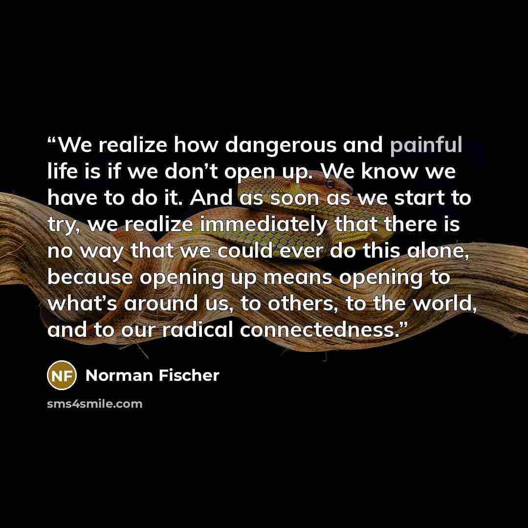 “We realize how dangerous and painful life is if we don’t open up. We know we have to do it. And as soon as we start to try, we realize immediately that there is no way that we could ever do this alone, because opening up means opening to what’s around us, to others, to the world, and to our…” quote by Norman Fischer