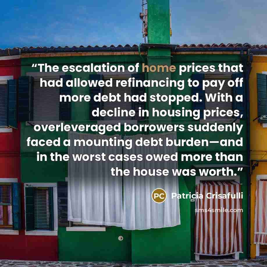 “The escalation of home prices that had allowed refinancing to pay off more debt had stopped. With a decline in housing prices, overleveraged borrowers suddenly faced a mounting debt burden—and in the worst cases owed more than the house was worth.” quote by Patricia Crisafulli