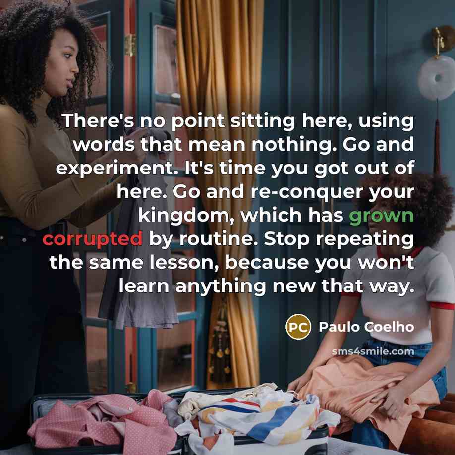 “There's no point sitting here, using words that mean nothing. Go and experiment. It's time you got out of here. Go and re-conquer your kingdom, which has grown corrupted by routine. Stop repeating the same lesson, because you won't learn anything new that way.” quote by Paulo Coelho