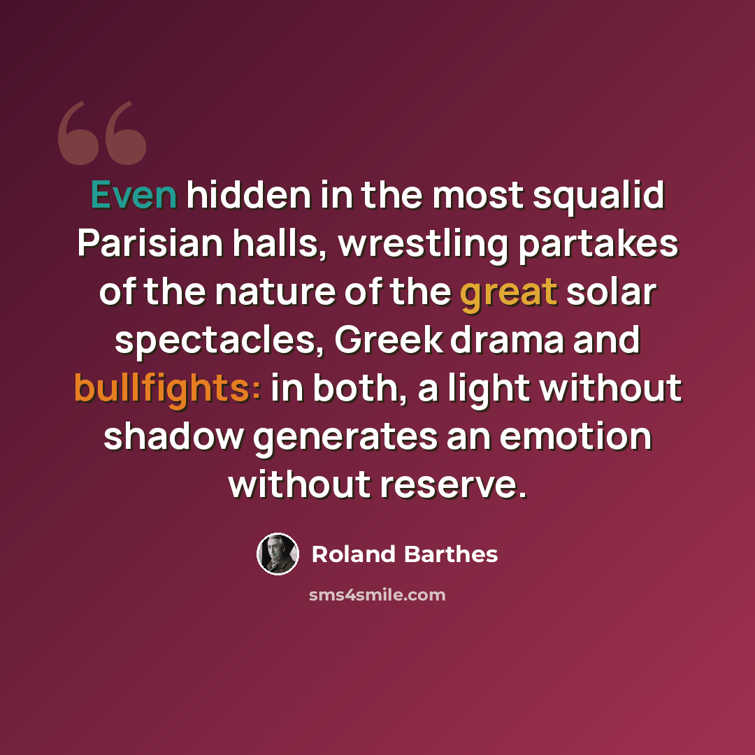 “Even hidden in the most squalid Parisian halls, wrestling partakes of the nature of the great solar spectacles, Greek drama and bullfights: in both, a light without shadow generates an emotion without reserve.” quote by Roland Barthes