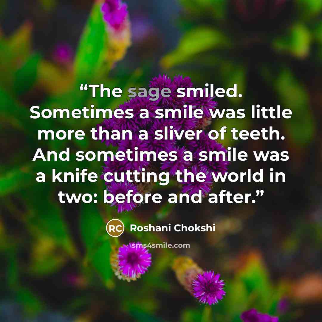 “The sage smiled. Sometimes a smile was little more than a sliver of teeth. And sometimes a smile was a knife cutting the world in two: before and after.” quote by Roshani Chokshi
