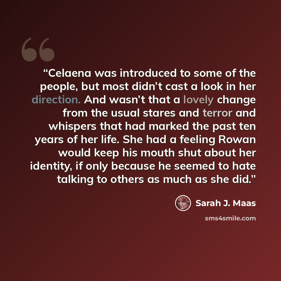 “Celaena was introduced to some of the people, but most didn’t cast a look in her direction. And wasn’t that a lovely change from the usual stares and terror and whispers that had marked the past ten years of her life. She had a feeling Rowan would keep his mouth shut about her identity, if only…” quote by Sarah J. Maas